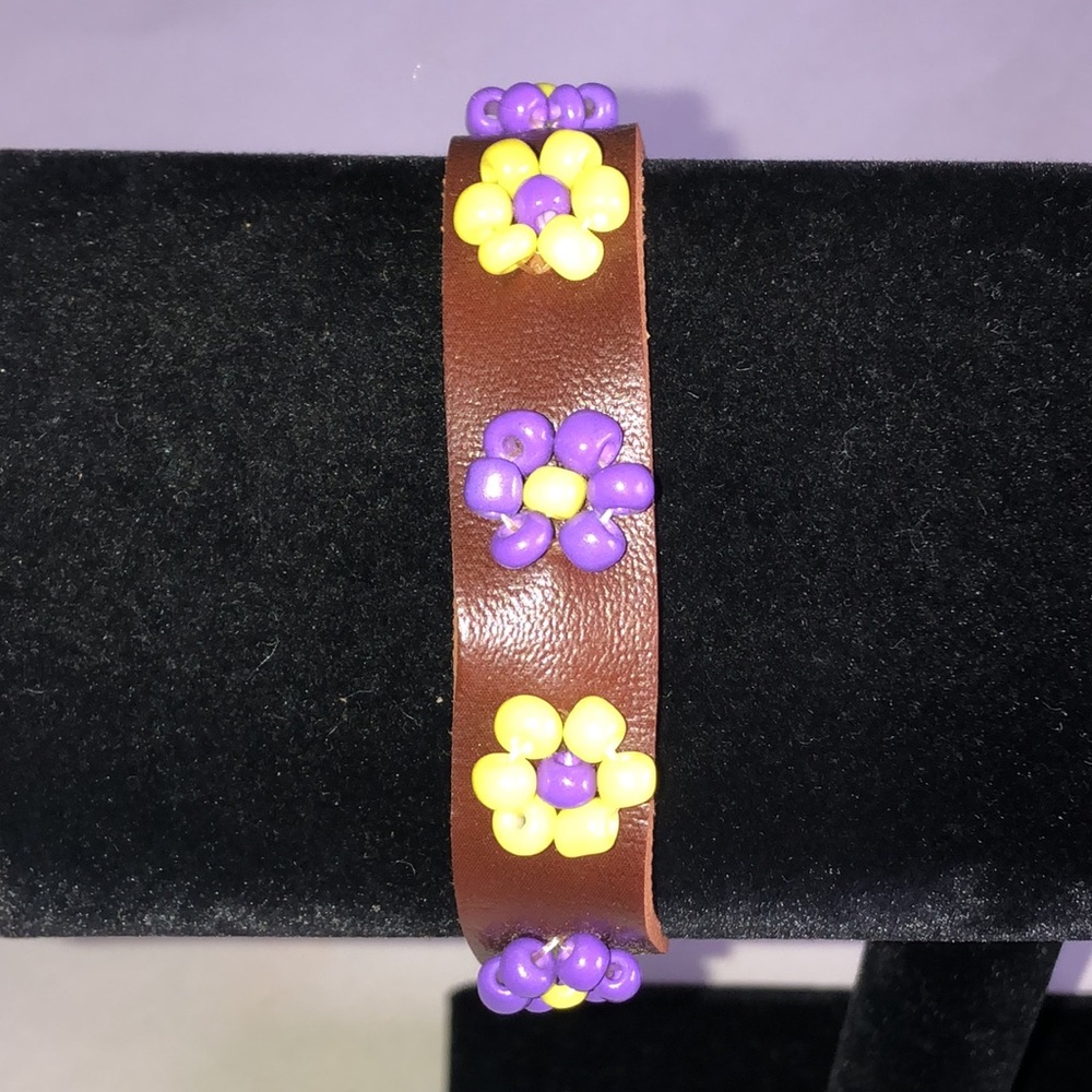 Brown Faux Leather Bracelet with Purple and Yellow Bead Flowers